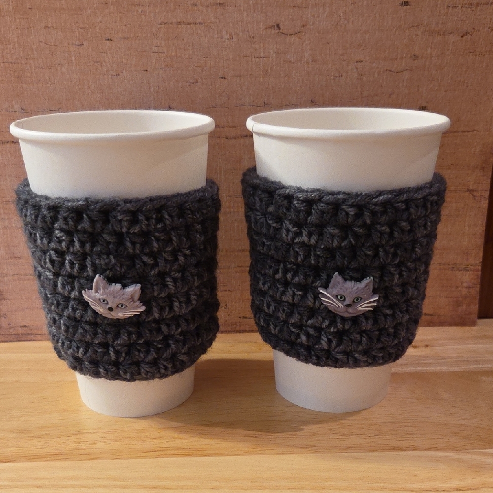 Gray Crochet Cat Cup Sleeves